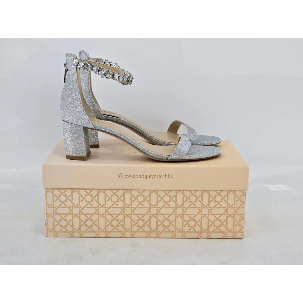Jewel Badgley Mischka Catalina Heels Womens 8 Silver Glitter Crystal - NEW